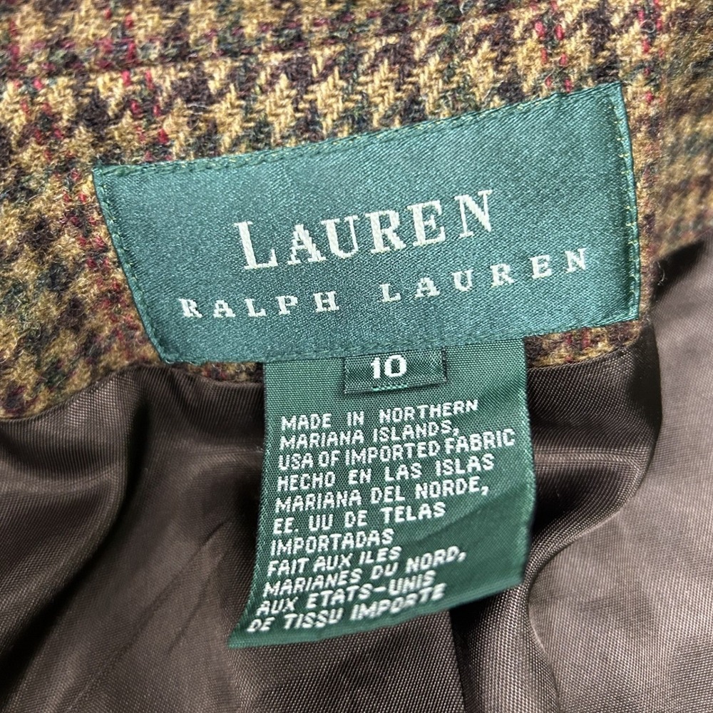 Lauren Ralph Lauren Blazer Womens 10 Brown Wool Houndstooth Suede Elbow Patches - Picture 4 of 7